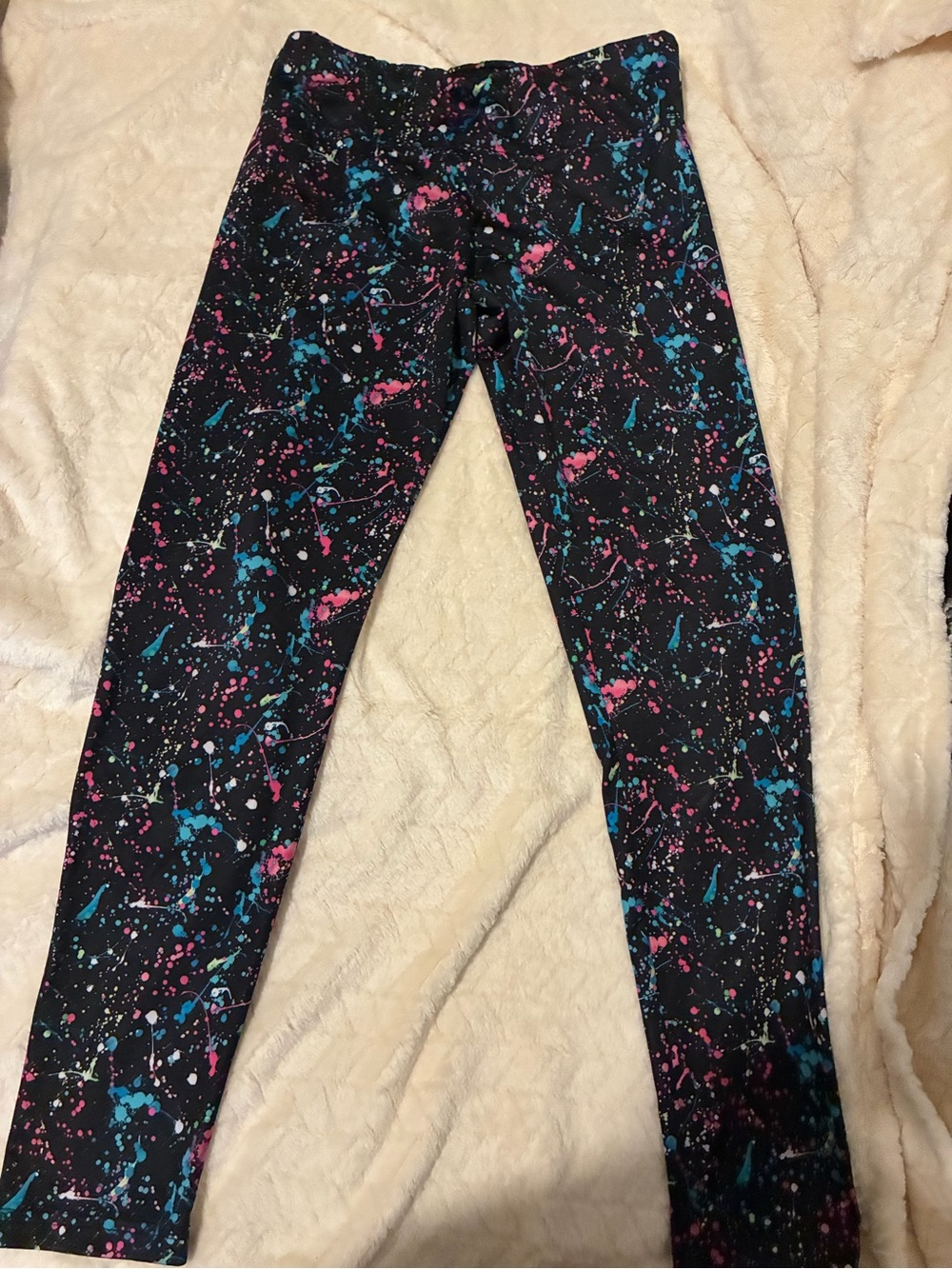 Justice Black Leggings with Pink & Blue Paint-Splash Print